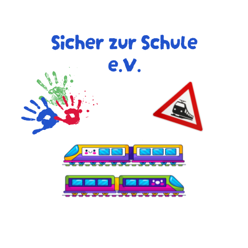 Logo zeigt zwei bunte Züge, darüber der Schriftzug "Sicher zur Schule e.V." in einer schnörkeligen Schrift